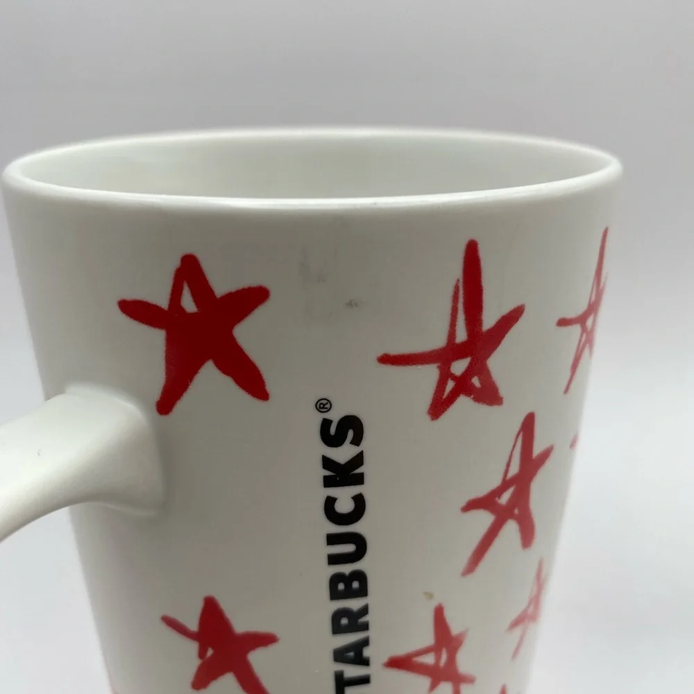 Starbucks 2014 Red Stars Ceramic Coffee Mug 16oz Grande Tall White Hand Drawn